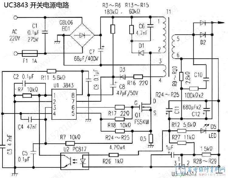 一款基于UC3843构成的开关电源电路