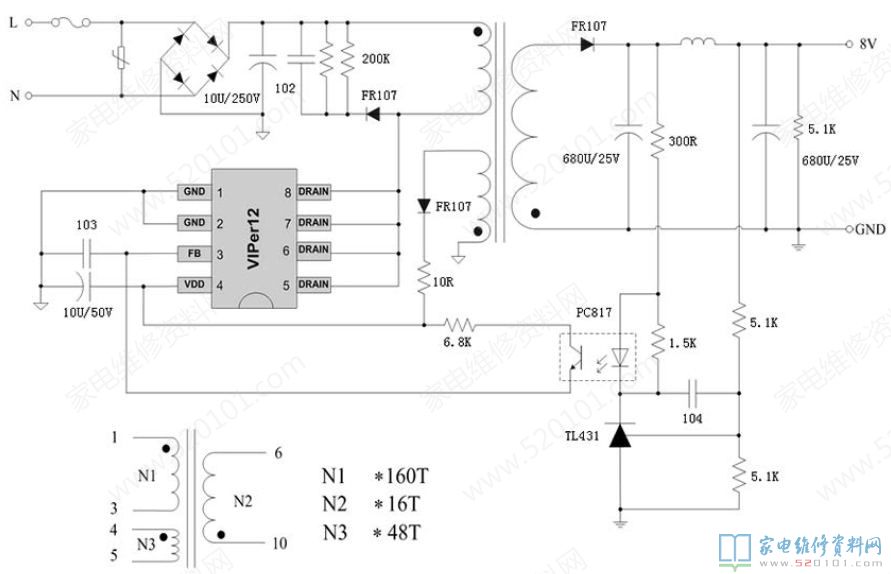 一款采用VIPer12 5V/1.2A原理图和变压器参数电路图